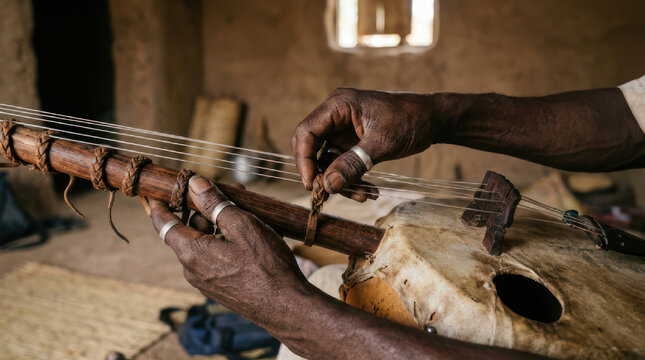 Mans Hands Playing a Traditional Stringed Instrument.