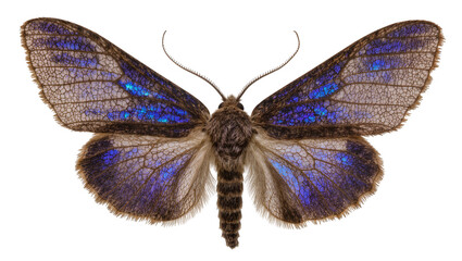 Detailed brown moth with iridescent blue wing patterns, isolated on transparent background © Sorin