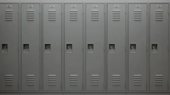 Gray metal school locker row front view minimalist symmetry evokes quiet order