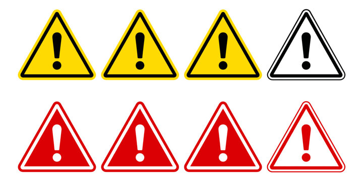 Warning triangle icon set, caution and alert vector symbol, exclamation mark hazard sign in yellow black and red style