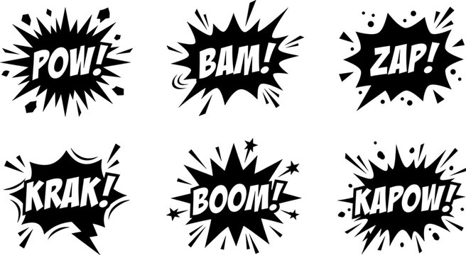 Comic burst icon set, pop art explosion vector with pow bam zap boom text, retro comic book sound effect collection
