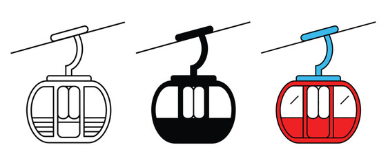 Cable Car Gondola Icons Featuring Mountain Ski Lift Cabins in Line, Black Silhouette, and Colorful Vector Styles © RIFAT01