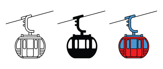 Cable Car Gondola Vector Icon Set Featuring Overhead Ski Lift Cabins in Line, Silhouette, and Colored Design Styles © RIFAT01