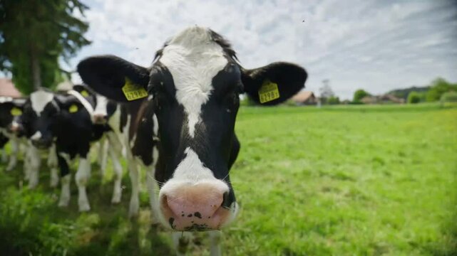 Group of curious black and white holstein cows standing in sunny green grass pasture during summer day.