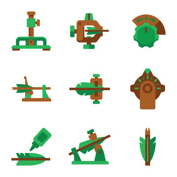 Collection of flat design icons representing medieval siege weaponry and archery equipment, green and brown color palette