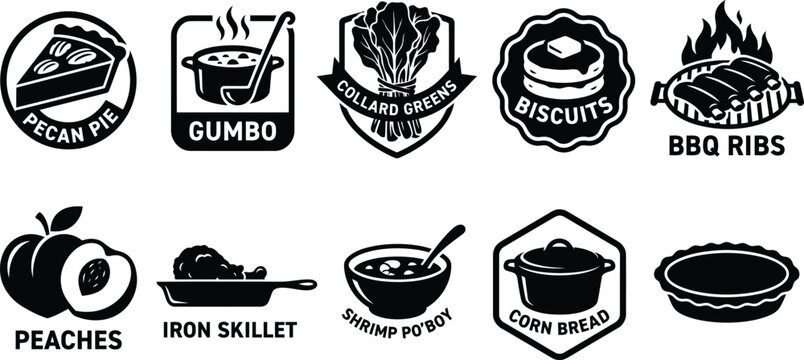 Traditional southern food menu icon set featuring pecan pie gumbo collard greens biscuits bbq ribs peaches and iron skillet.