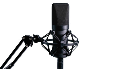 Black studio condenser microphone on adjustable boom arm, isolated on transparent background © Aliona