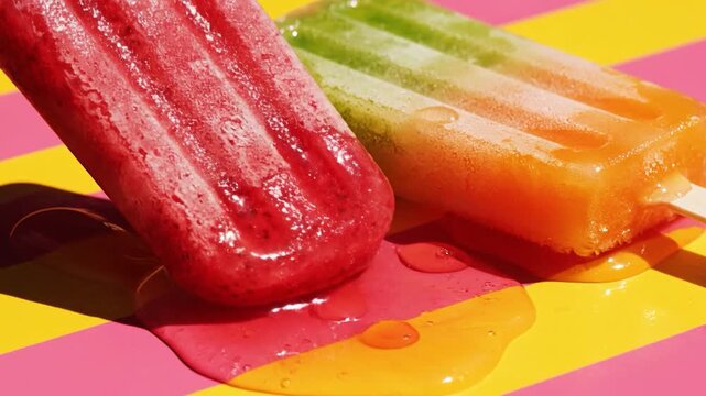 Two vibrant fruit popsicles melting on a colorful striped background