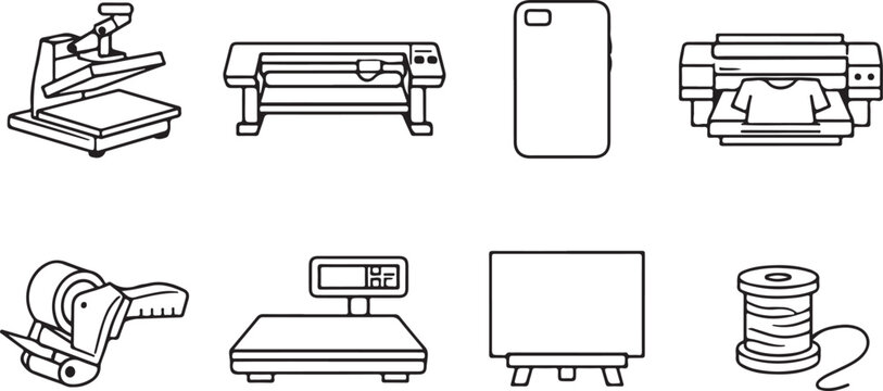 Printing and production equipment icons, set of 8 vector line art illustrations for garment manufacturing, heat press and textile printer machinery