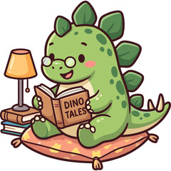Fototapeta premium A cute cartoon dinosaur reads a book on a rug next to a lamp.