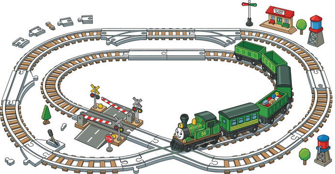 Isometric Toy Train Track Set Vector Illustration with Green Steam Locomotive, Passenger Cars, Railroad Crossing, Station, and Wooden Railway Puzzle Construction Pieces