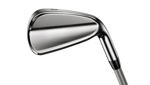 Shiny metallic golf club iron head with brushed metal finish, isolated on transparent background