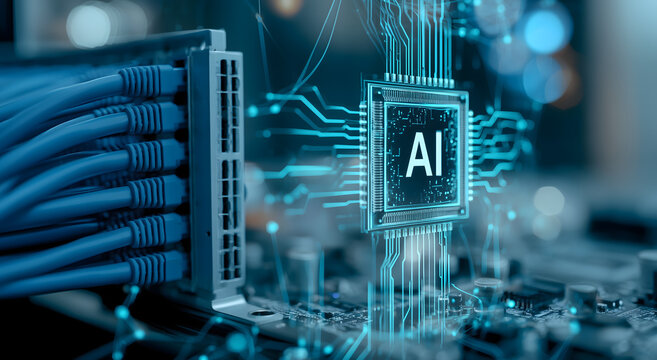Conceptual illustration of an AI processor chip on a circuit board with ethernet cables and glowing digital connections, representing Ai technology in data networking