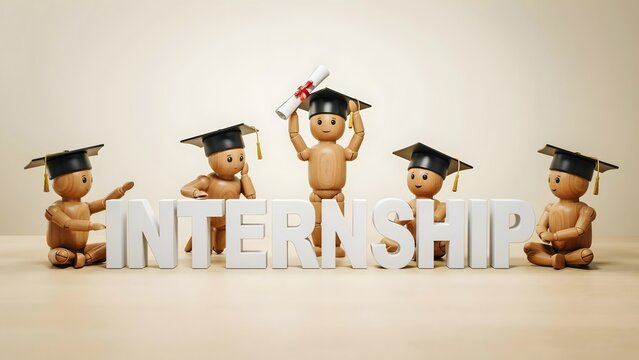 Five cute wooden mannequin puppets wearing black graduation caps are posed around large white three dimensional letters that spell out the word internship while the central character holds a rolled di