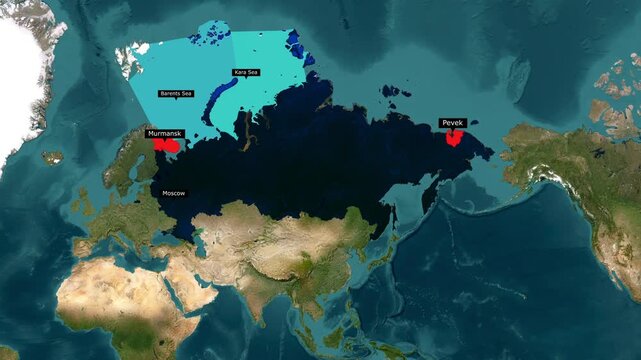 Animated Satellite Map of Russia's Northern Sea Route Showing Arctic Shipping Lane from Murmansk to Pevek