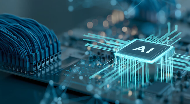 Conceptual illustration of an AI processor chip on a circuit board with ethernet cables and glowing digital connections, representing Ai technology in data networking