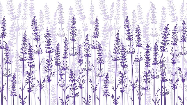 Minimalist line art seamless botanical background pattern with hand drawn lavender sprigs, multi-tone purple violet ink sketches on clean white base, dense vertical overlapping repeating floral sprigs