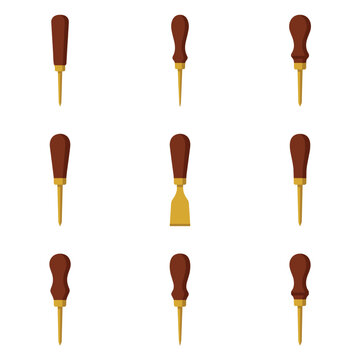 Collection of nine simplified flat icons depicting various woodworking chisels and screwdrivers with brown handles and gold metal tips, isolated on a white background for design elements