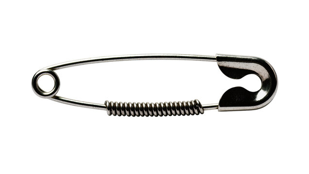 Shiny metal safety pin with coiled spring, isolated on transparent background