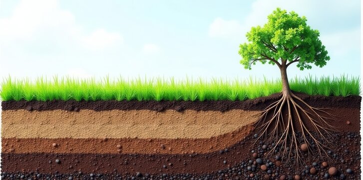 Cross-section schematic of soil layers, showing grass, tree, stones, groundwater, sand, gravel, loam, clay ,  graphic,  nature