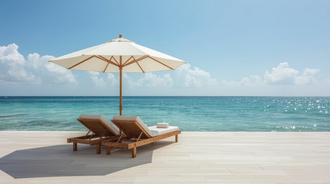 Sunny beachfront daybed with umbrella and ocean view, minimalist high end retreat
