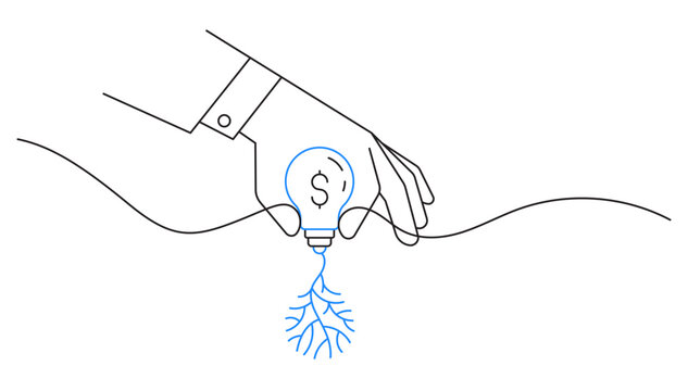 business growth and wealth concept. Hand nurturing ideas bulb smart investment and sustainable business single line illustration