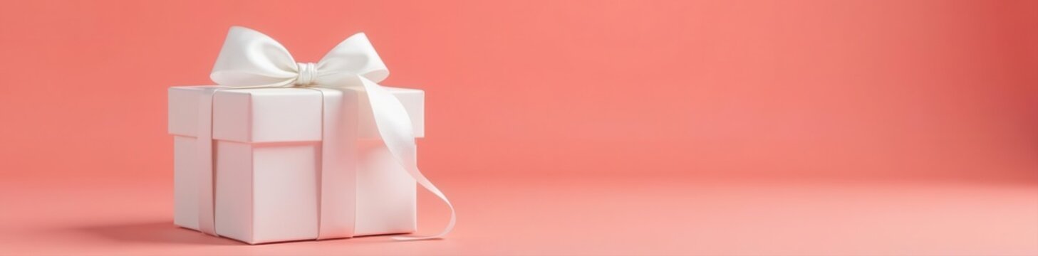 Elegant white gift box with white satin ribbon, coral background , vivid, simple, packaging