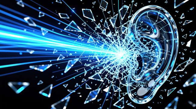 Transparent glass human ear shatters under loud blue sound wave impact. Sharp crystal shards fly in dark space during intense sonic explosion. Conceptual 3d medical illustration shows hearing loss