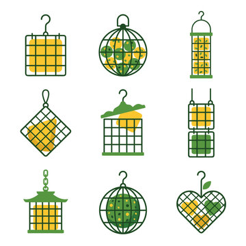 Collection of nine illustrated bird feeders in various shapes and styles, depicting food like seeds and fruits, in a flat design aesthetic