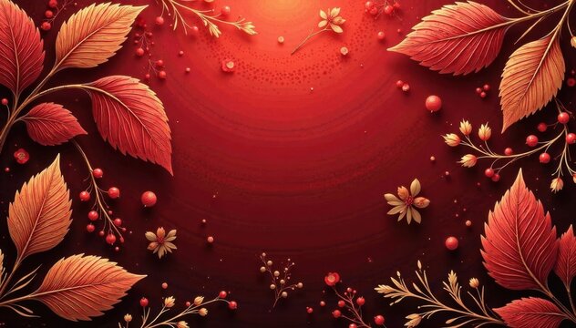 Intricate red and gold Khokhloma leaf and berry vector pattern , ornament, vector