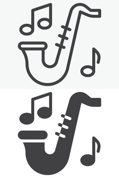 Saxophone with music notes icon in line and solid different style. Outline and solid icon vector sign, symbol for jazz performance, editable stroke.