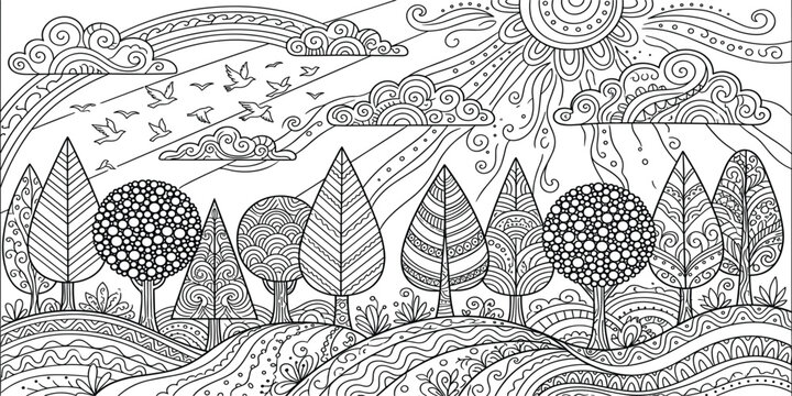 Hand Drawn Zentangle Style Forest Landscape Coloring Page Vector Illustration with Decorative Trees, Sun, Clouds, Rainbow, Birds, and Intricate Mandalas