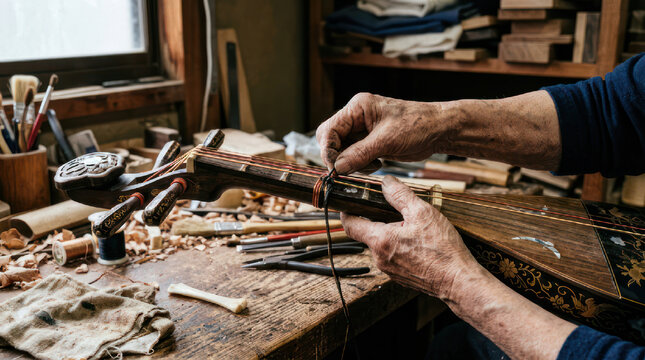 Craftsman hands repairing a traditional stringed instrument.