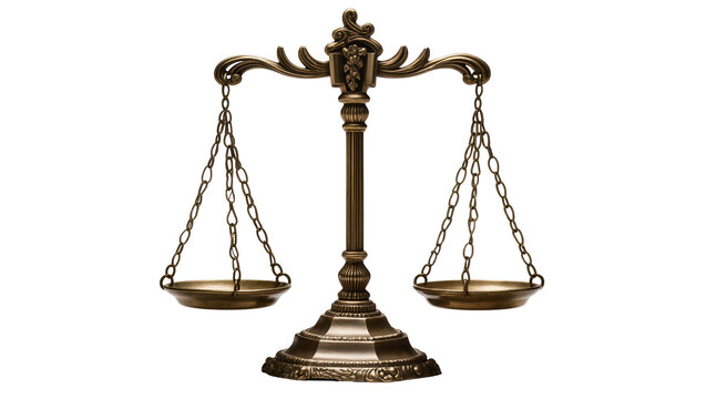 Antique brass justice scales with ornate detailing, isolated on transparent background