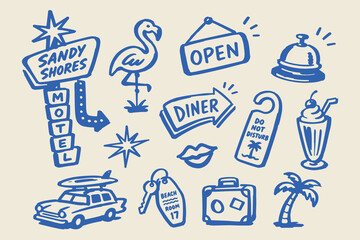 Fototapeta na wymiar Beach Motel Doodle Set Hand Drawn Vector Illustration