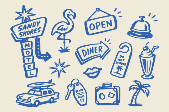 Beach Motel Doodle Set Hand Drawn Vector Illustration