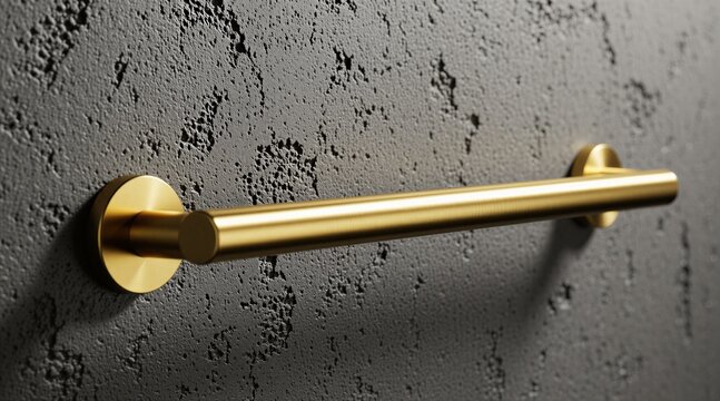 Golden towel bar mounted on textured grey concrete wall. Shiny metal bathroom fixture shows minimalist design for modern home interior. Horizontal cylindrical brass accessory attached to solid