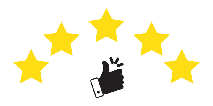 Star icon. Vector yellow isolated five stars. Customer feedback concept. Vector 5 stars rating review. Quality shape design with thums up icon. EPS 10 file.