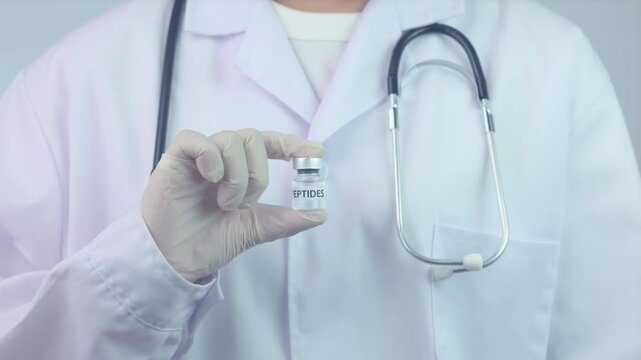 Confident medical professional holding peptide vial for clinical wellness therapy delivers reassurance with stethoscope in laboratory