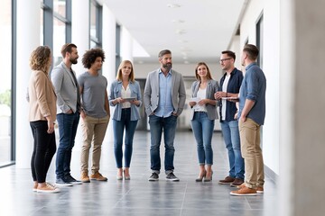 Fototapeta premium young professionals discussing workforce analytics and employee engagement strategy in bright collaborative workspace, minimalist interior, natural sunlight, wide copy space, premium commercial