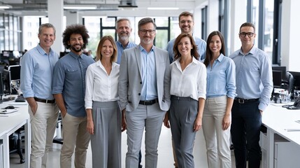 Fototapeta premium confident corporate team celebrating improved workplace performance after reviewing analytics dashboard, bright office with panoramic windows, clean modern design, ultra realistic photography