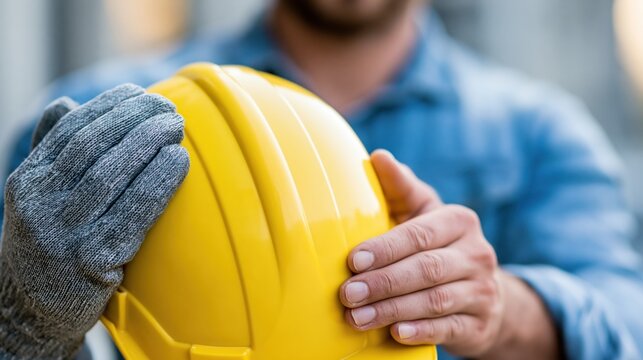 A construction worker holding a yellow hard hat with both hands.