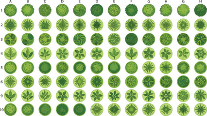 Top View Landscape Architecture Grid Vector Set with Green Tree Icons, Flowering Shrub Symbols, and Plan View Foliage Vegetation Library Assets for Garden Designs © Rafika