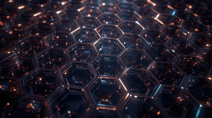 Fototapeta premium Futuristic hexagonal grid with reflective glass cells and warm glowing particles