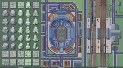 Top View City Infrastructure Map Vector Kit Featuring Sports Stadium, Railway Station with Trains, City Blocks, and Natural Rock Boulder Asset Icons © Rafika