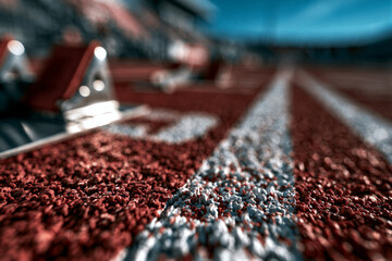 Fototapeta premium Cinematic close-up of red rubber track starting line and steel blocks with warm golden hour light, blurred stadium field, and right-side copy space ideal for sports ads and fitness branding