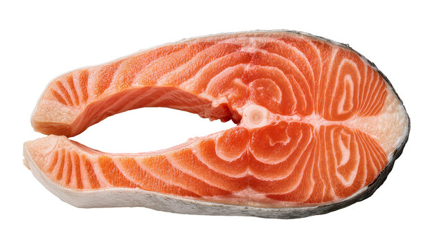 Fresh raw salmon steak with visible fat marbling, isolated on transparent background