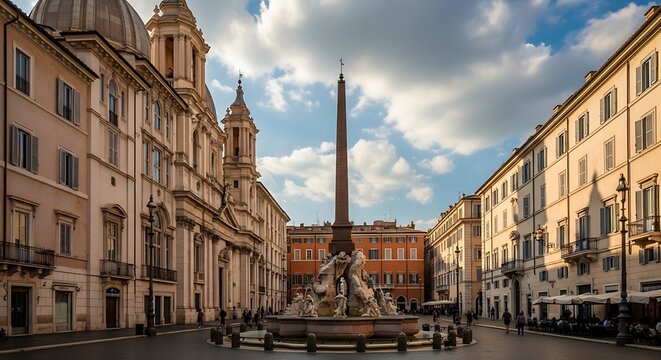 Piazza Navona with Fountain of the Four Rivers and Sant Agnese in Agone church in Rome Italy.