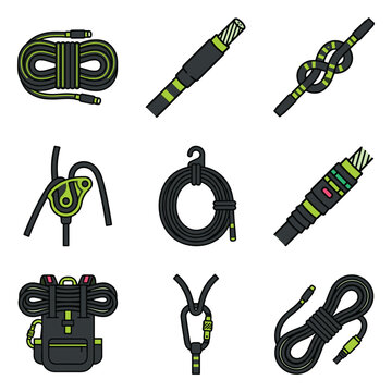 Collection of illustrated climbing ropes, knots, and gear, featuring carabiners, ascenders, and rope management systems, with a vibrant lime green and black color scheme, suitable for outdoor