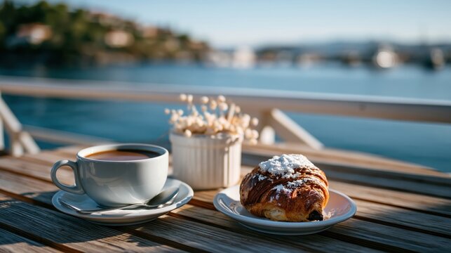 A serene breakfast setup on a wooden table overlooking a peaceful body of water